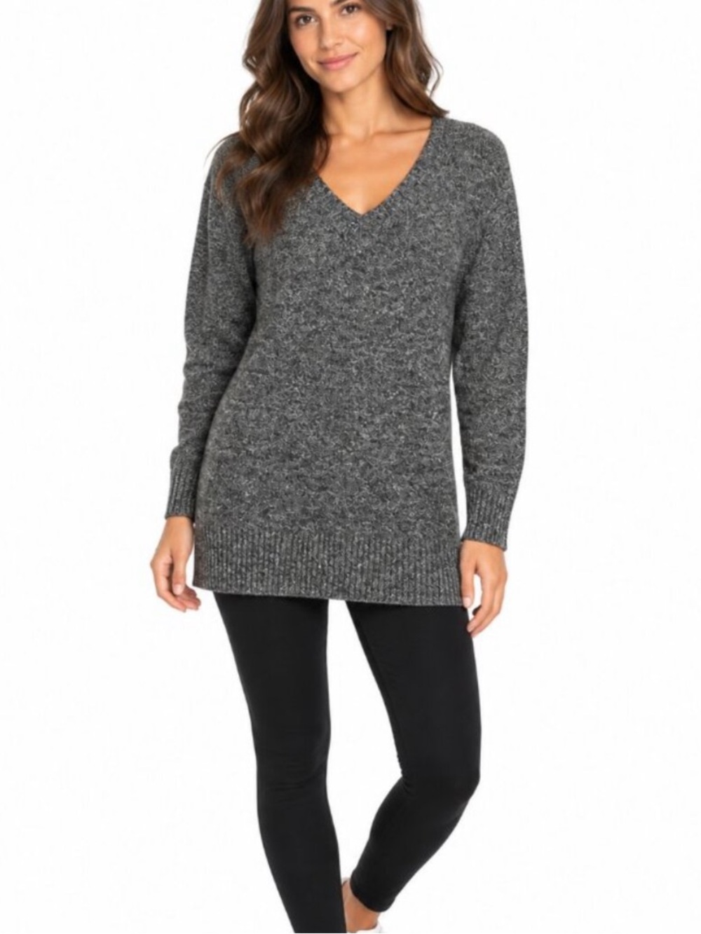 Athleta Vital V-Neck Tunic Wool Cashmere Sweater Gray Large 984613